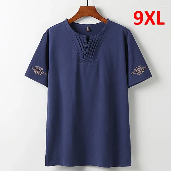 T-shirt da uomo 9XL T-shirt da uomo di grandi dimensioni T-shirt estiva da uomo a mezza manica in lino T-shirt casual Top Camicia da ricamo con scollo a V maschile Plus