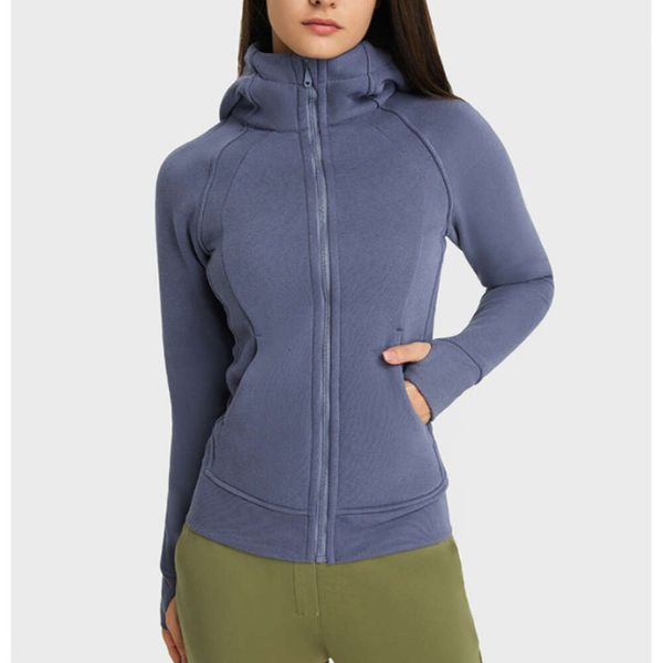 Lu Lu Cappotto a maniche lunghe color limone allinea Yoga Inverno Caldo e spesso con cappuccio Giacche Donna Autunno Casual Foro per il pollice Zip Cappotto sportivo Fitness Solido Allenamento Capispalla Tasche