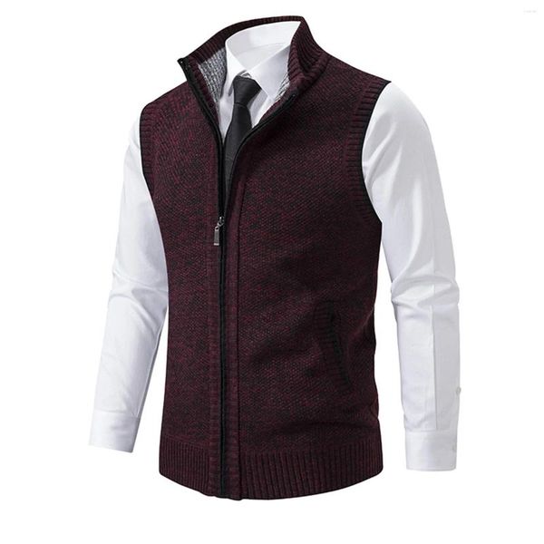 Coletes masculinos de lã sólida cor gola com zíper colete homens cardigan bolso colete outono inverno malha casual roupas masculinas