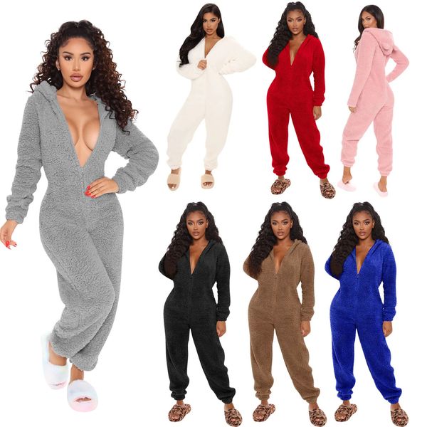 Kadın pijama 2024 Moda Seksi Onesies Kadın Kış Sıcak Peluş Romper Hood Setleri Pijamalar Solid uzun kollu fermuar pijama kapüşonlu Homewear 231130