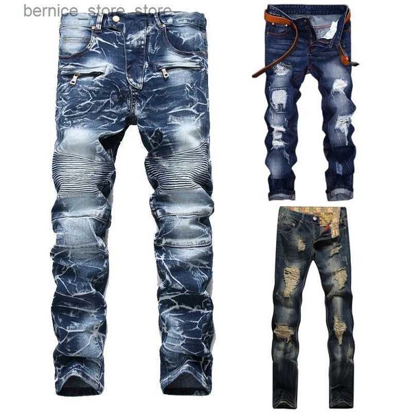 Calças masculinas de alta qualidade homens casuais rasgados jeans lavados em linha reta magro plissado motocicleta motociclista calças jeans masculino calças jeans plus size 42 q231201