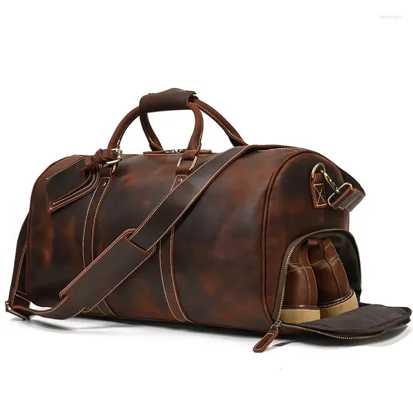 Duffel Bags Homens Genuínos Saco De Viagem De Couro Crazy Horse Vintage Bagagem Top Layer Couro 20 Polegada Bolsa Lazer Fitness