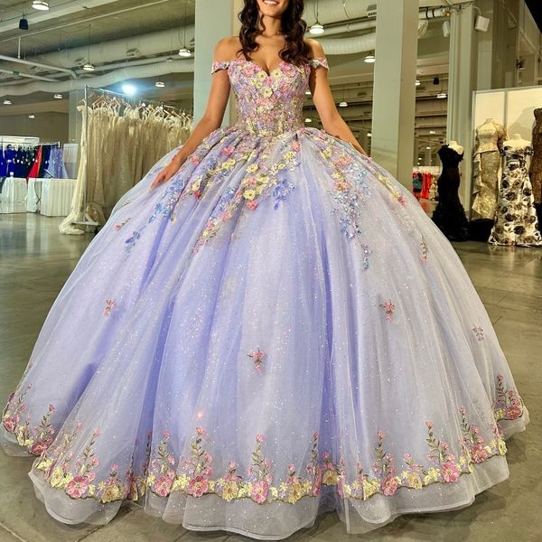 Lavendelfarbenes, glänzendes Quinceanera-Kleid, Ballkleid, schulterfrei, Blumenapplikation, bauschiges Sweet-16-Kleid, Promi-Party-Kleider, Abschlussfeier