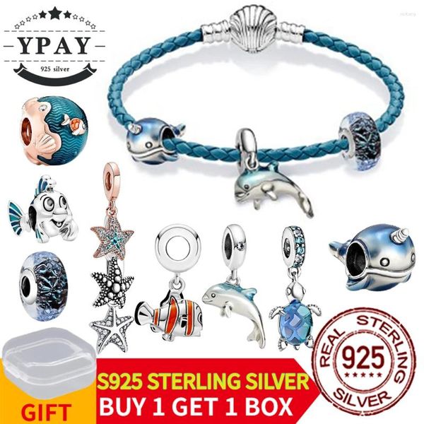 Pietre preziose sciolte Vero argento sterling 925 Ocean World Delfini Pesci Stelle marine Charms Perline adatti al braccialetto originale per gioielli da donna