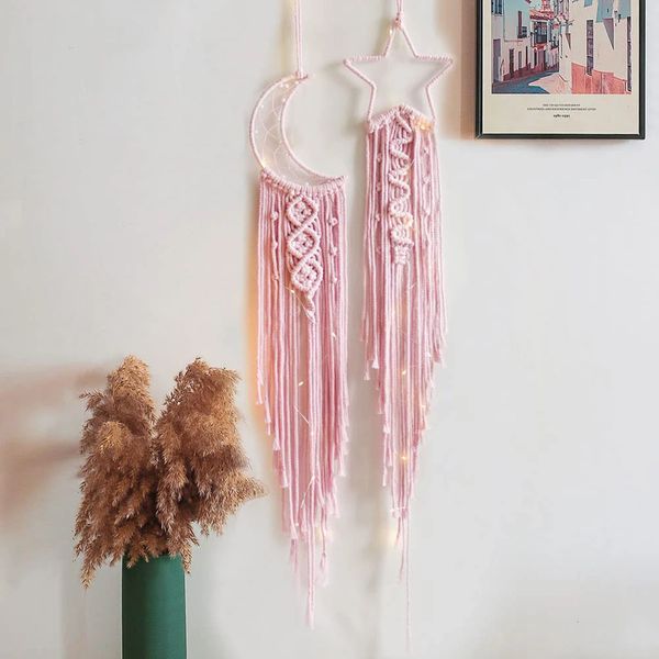 Arazzi Rosa Macrame Luna Stella Acchiappasogni Appeso a parete Arazzo Boho Decorazioni per la casa Fatte a mano Per bambini Ragazze Decorazione della stanza di Natale Regalo 231201