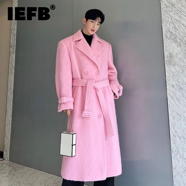 Misto Lana da uomo IEFB Cappotto di lana da uomo coreano Casual Risvolto Doppio petto Trench lungo Tinta unita Cappotto maschile Cintura 2023 Tendenza autunnale 9C2884 231130