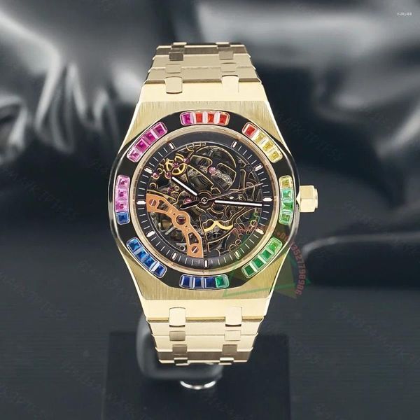 Relógios de pulso 2023 Top Luxury Gold Men Watch 42mm Double Balance Wheel Color Openworked 15412BA Relogio Masculino