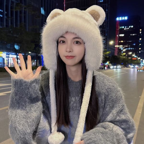 Inverno feminino coreano versátil quente, doce e bonito pequeno urso orelha de pelúcia chapéu de proteção com bandana lei feng chapéu