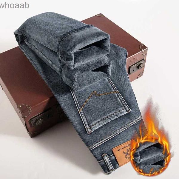 Calças masculinas 2023 inverno novos homens azul cinza velo grosso jeans com zíper bolso design carga jeans na moda denim calças quentes marca yq231201