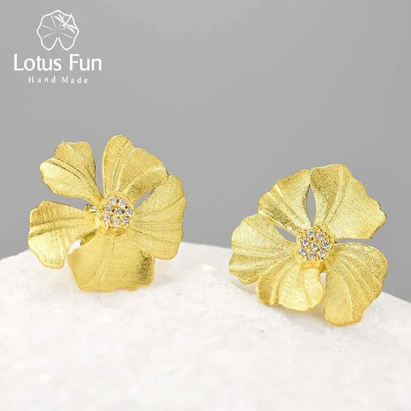 Stud Lotus Fun Real 925 Sterling Silver Natural Zircon Elegante Grande Peônia Flor Brincos para Mulheres 18K Gold Declaração Jóias 231130