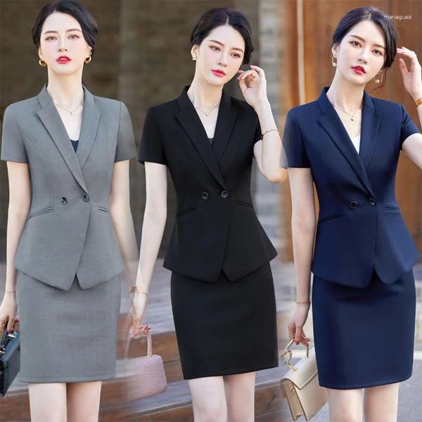 Calças femininas de duas peças verão manga curta moda temperamento slim-fit commute cor sólida desgaste de negócios conjunto de duas peças uniformes de trabalho sentido