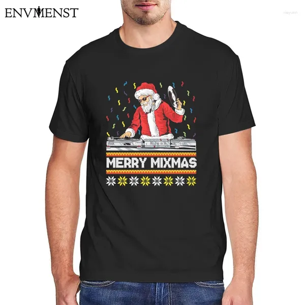 Magliette da uomo DJ Babbo Natale Merry Mixmas Camicia vintage in cotone natalizio Divertente grafica oversize streetwear
