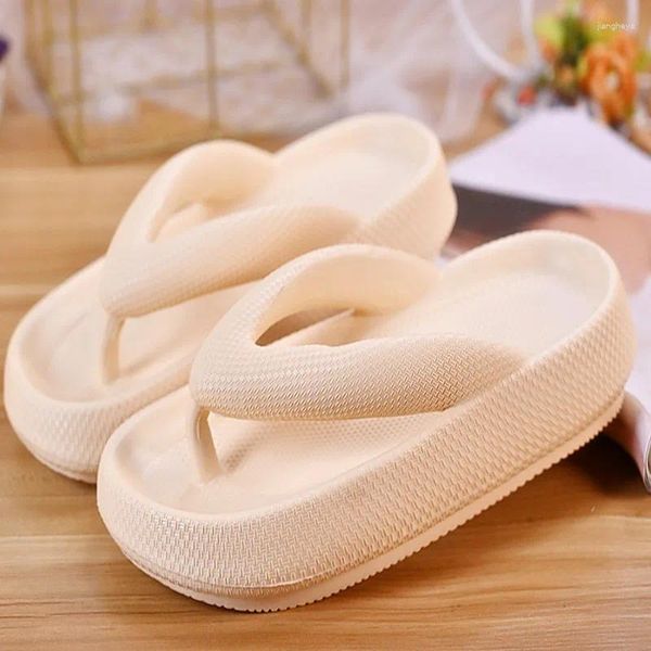 Hausschuhe Gummi Flip Flops Schuhe mit hohen Absätzen Dame Flache Plattform Rutschen Hawaiianische Massage Weiches PU-Gewebe Ru