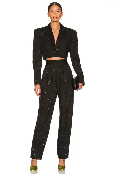 Calças femininas de duas peças luxo glitter strass cetim blazer plus size pantsuit palco bling cristal cocktail festa de aniversário casamento