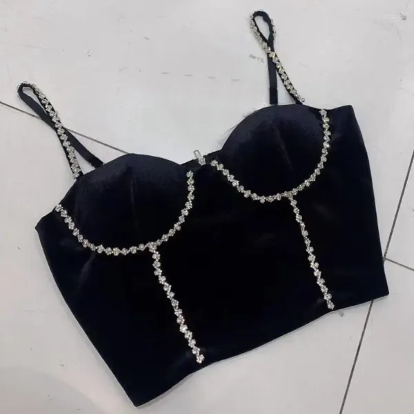 Serbatoi delle donne di Modo di Lusso Strass Che Borda Velluto Canotta 2023 Sottile Sexy Backless Top Corto Per Le Donne Carro Armato Vestiti di Prestazione