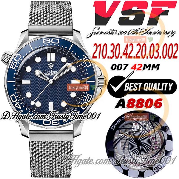 VSF Diver 300M 42mm 60th Anniversary A8806 Автоматические мужские часы Синий текстурированный циферблат Титановый корпус Браслет из нержавеющей сетки Ограниченная серия Trustytime001Часы