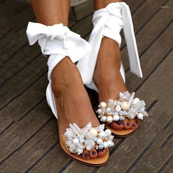 Sandali moda una linea color caramello con perline piatte di grandi dimensioni 35-43 scarpe da donna