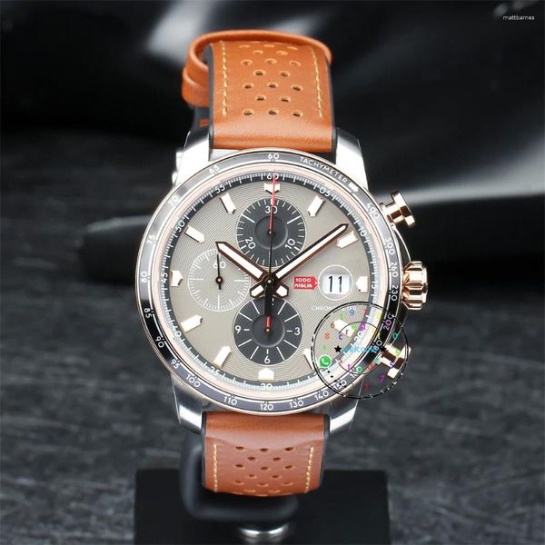 Armbanduhren 2023 Luxus Männer Business Chronograph Automatische Silber Zifferblatt Lederband Herrenuhr Reloj Hombre