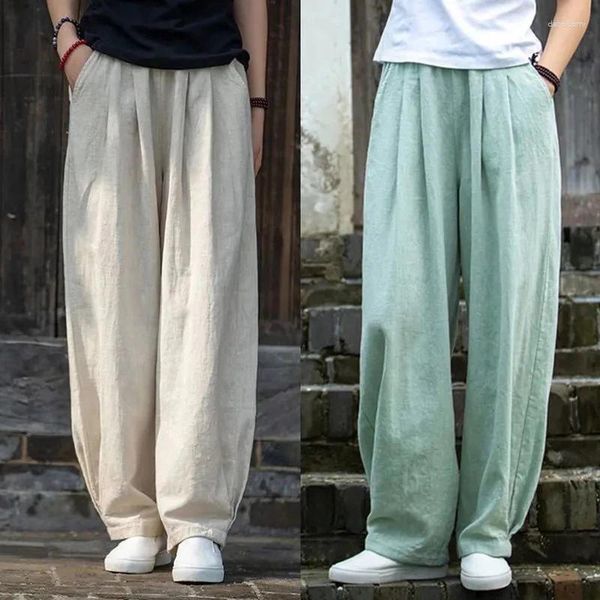 Pantaloni da donna in cotone e lino Gamba larga per le donne 2023 Pantaloni casual elastici a vita alta Donna Tasca tinta unita allentata Feamle