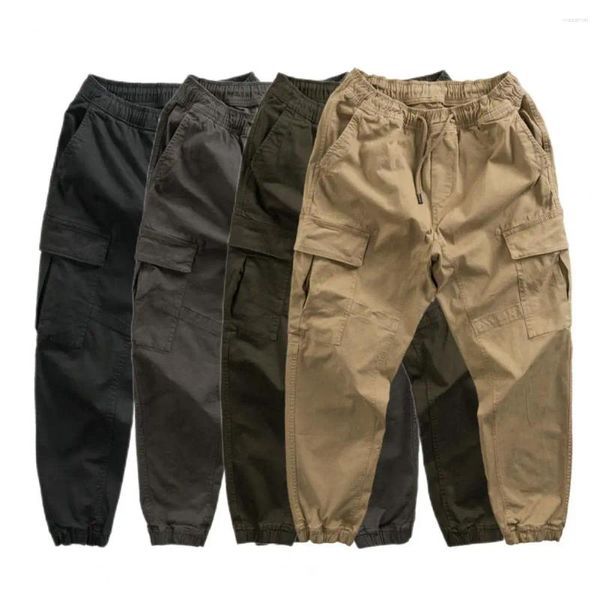 Calças masculinas elegantes com cordão sweatpants respirável confortável para usar all-match solto elástico calças de carga masculina