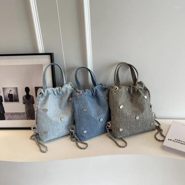 Школьные сумки 2023, модный ретро джинсовый рюкзак, заклепанная женская сумка с текстурой ткани, дизайнерская сумка на плечо, повседневная квадратная сумка через плечо