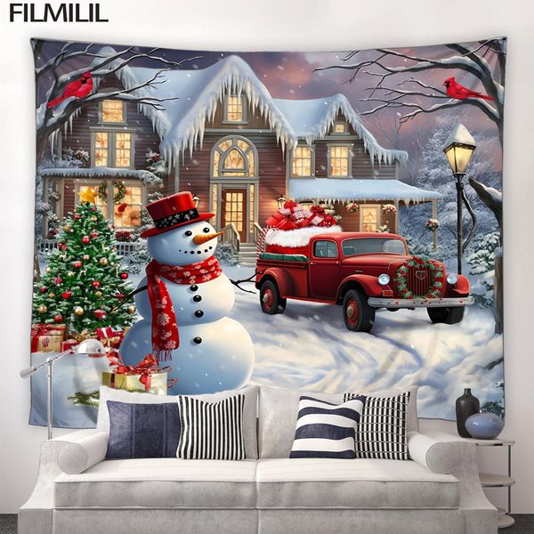 Tapeçarias Inverno Natal Tapeçaria Boneco de neve Xmas Tree Farmhouse Red Truck Forest Snowy Cena Ano Pendurado na parede Home Living Room Decor 231201