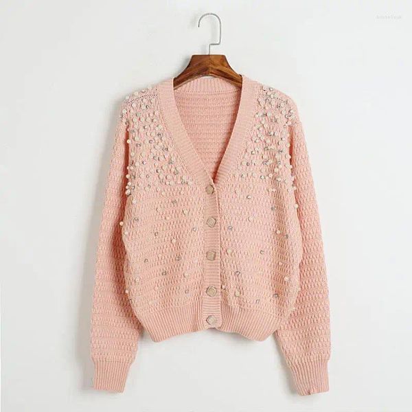 Frauen Strick Perle Diamant Perlen Rosa Gestrickte Strickjacken Single Button Strickjacke 2023 Herbst Winter Dame V-ausschnitt Pullover Kleidung