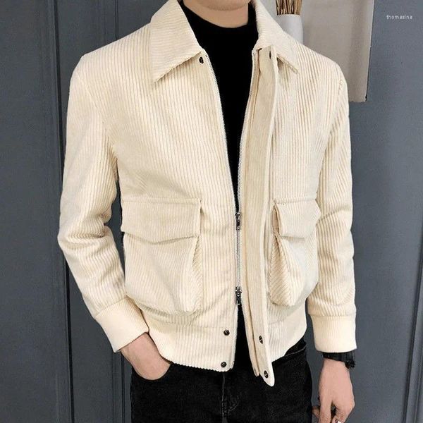 Herrenjacken Frühling Herbst Retro Cord Freizeitjacke Männlich Schlank Kurz Reißverschluss Lange Ärmel Umlegekragen Knopftasche Tops