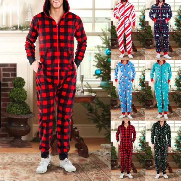 Calças masculinas outono e inverno homens natal com capuz onesie zíper xadrez macacão navidad traje adultos pijamas