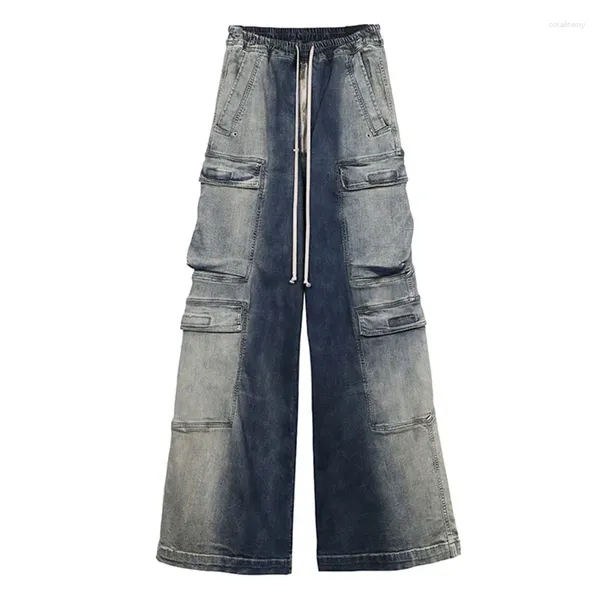 Jeans da uomo Pantaloni in denim svasati a gamba larga con coulisse casual dritti con tasche grandi blu lavato da uomo