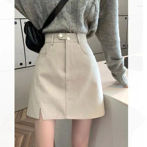 Röcke Frauen Mode Front Taschen Faux Leder Sexy Mini Rock Vintage Hohe Taille Weibliche Mujer Koreanische