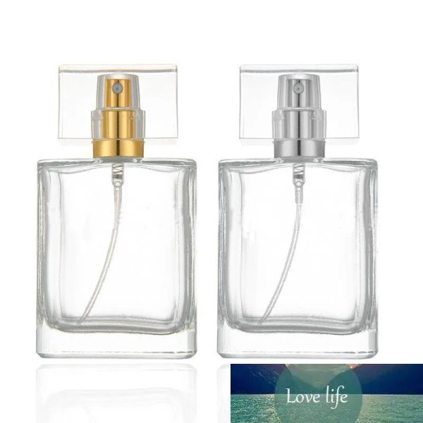 Frasco de vidro quadrado de perfume mais vendido, 30ml 50ml, frasco de perfume vazio transparente com tampa dourada e prateada BJ