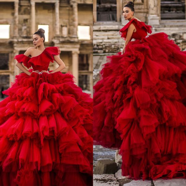 Elegante vermelho em camadas vestido de baile vestidos de noite um ombro feminino vestido de baile tule inchado babados vestidos de festa de aniversário