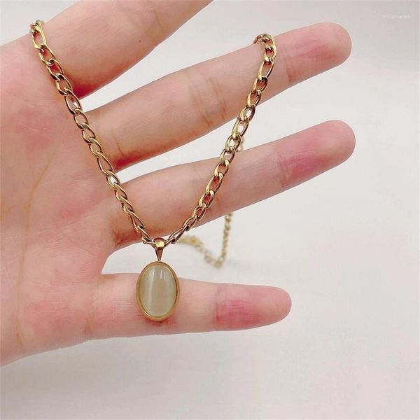 Anhänger Halsketten Edelstahl Runde Opal Halskette für Frauen Mädchen Naturstein Gold Farbe Choker Vintage-Schmuck Collier