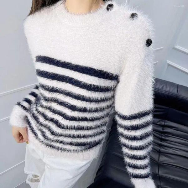 Frauen Pullover Mohair Streifen Elegante Gestrickte Jumper Lose Lange Hülse O-ansatz Frauen Pullover Tops Marke Kleidung 2023 Herbst Winter