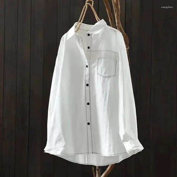 Blusas femininas camisas de algodão para mulheres vintage sólido polo-pescoço solto bolso manga longa casual estilo coreano blusa de uma peça topos de escritório