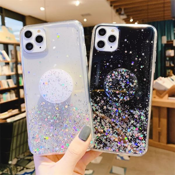 Glitter Powder Bling Mobile Phone Case Holder Soquete Capa Traseira para iPhone e Samsung ZZ