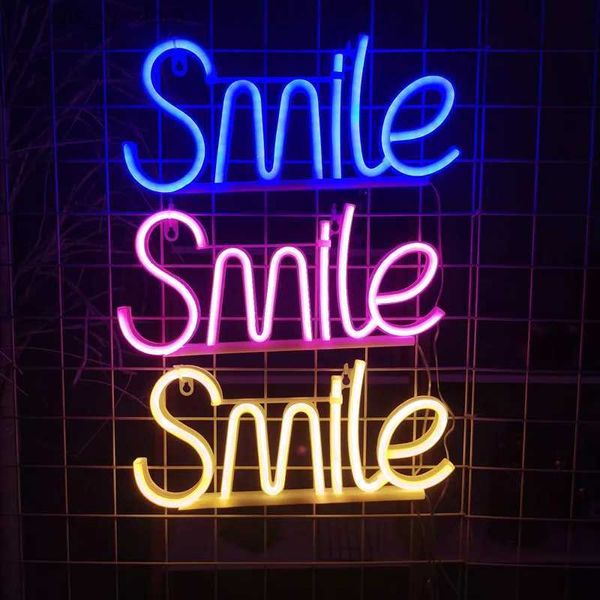 LED Neon Sign LED Lettera Sorriso Neon Sign Lampada per parete Appendere luci notturne per la casa Vacanze Festa di Natale Matrimonio Camera dei bambini Decorazione della camera da letto YQ231201