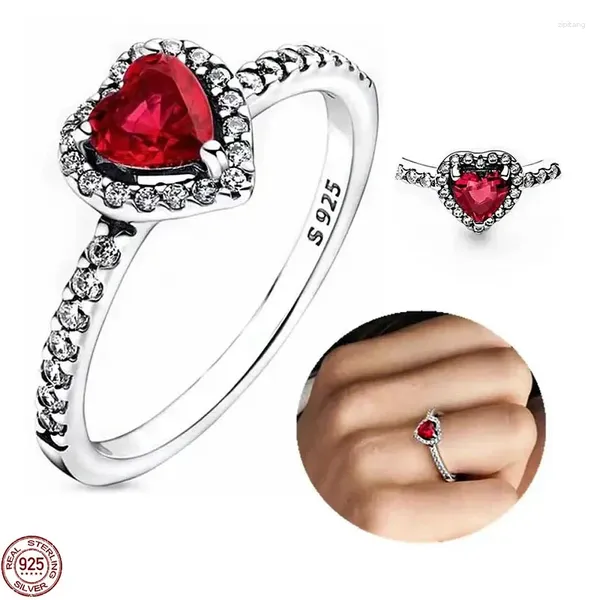 Cluster-Ringe, 925er-Sterlingsilber, Ring, rotes Herz, bunter Kristall, passend für bezauberndes Armband, Damen-DIY, Valentinstagsgeschenk, exquisiter Schmuck