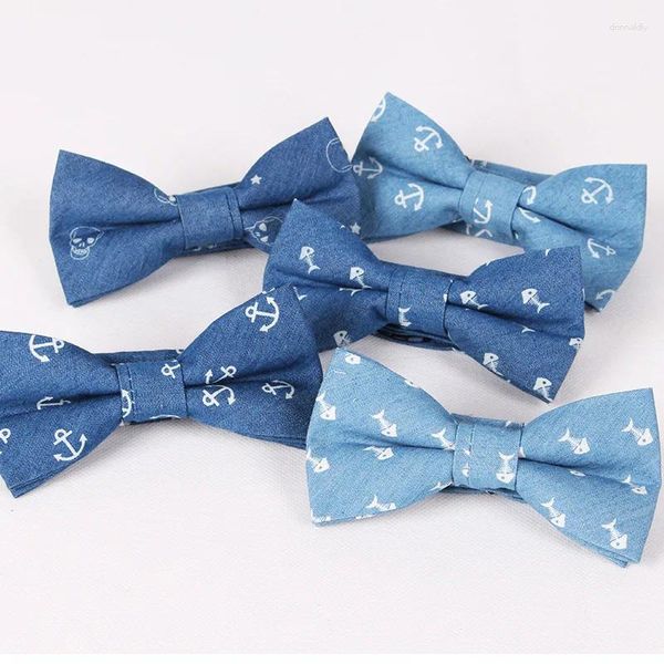 Bow Ties Fashion Anchor Tie Erkekler Pamuk Kelebek Takımlar için İngiliz Tarzı Bowtie Blue Fishbone Kafatasları Baskılı Düğün Partisi Cravat