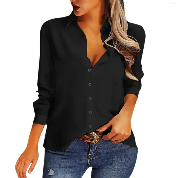 Женские блузки, женская повседневная рубашка на пуговицах, v-образный вырез, длинный рукав, воротник, офисная рабочая блузка, модные топы с карманом