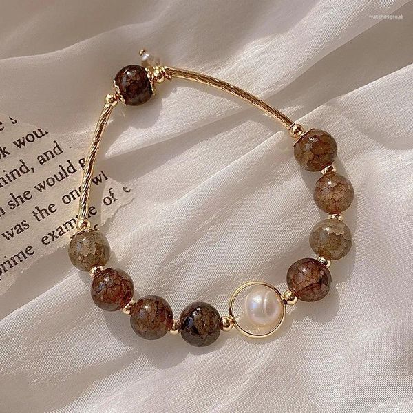 Bracciale in pietra naturale con perle vintage per donna, temperamento elegante, accessori di moda classici femminili con perline marroni