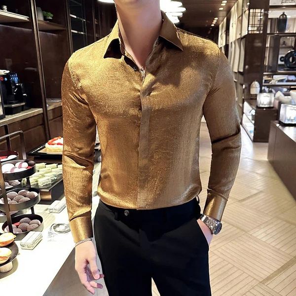 Camisas casuais masculinas para homens de alta qualidade brilhante anti-rugas social manga longa fino ajuste coreano roupas de luxo tamanho grande smoking