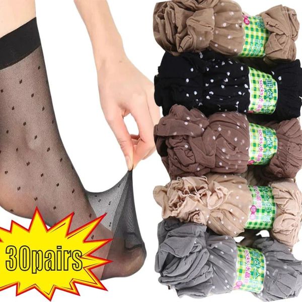 Frauen Socken 30pairs Schwarz Dot Transparent Ultra-dünne Elastische Kristall Seide Nylon Mode Damen Sommer Kurze Knöchel