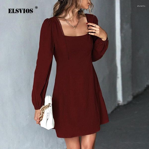 Vestidos casuais 2023 produto na moda elegante e bonito mulheres vestido quadrado pescoço cintura uma linha saia emendada renda manga longa feminina