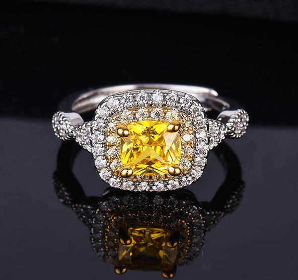 Anello di fidanzamento con diamante giallo simulato a forma di cuscino placcato con diamante giallo quadrato grasso in platino pt950 con apertura da donna039s R7247514