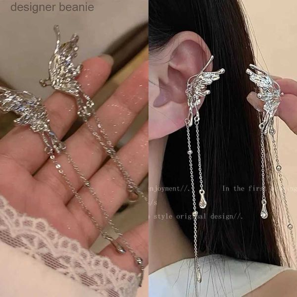 Stud 1Pair Elegante Elf Butterfly Long Tassel Clip Brincos para Mulheres Wed Bridal Retro Kpop Sem Piercing Eaone Ear Cuff Jóias GiftL231201