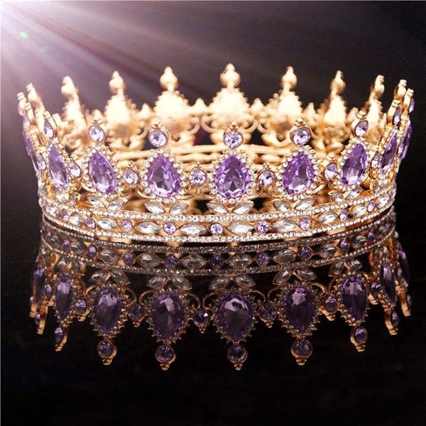 Gold Mor Kraliçe Kral Gelin Taç Kadın Headdress Prom Pageant Düğün Tiaras ve Taç Saç Takı Aksesuarları y1130325e