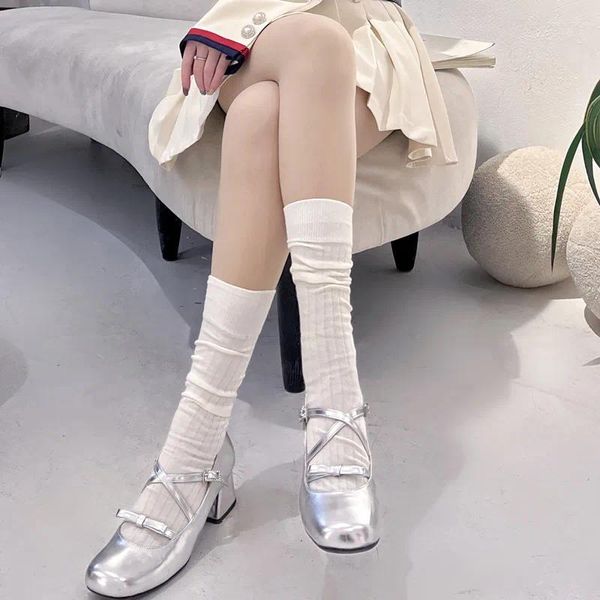 Women Socks Japanese Simple White Calf Summer Thin Style Sweet JK Vertical Stripe Middle Tube Knee-high Cotton Pile