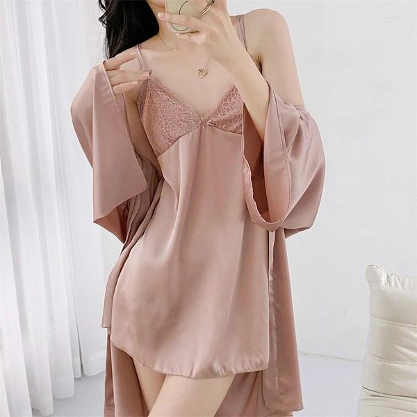 Kadın pijama 2pcs bornoz seti yaz ipeksi saten bornoz elbisesi kadın iç çamaşırı gecewewar dantel kimono gecelik salonları